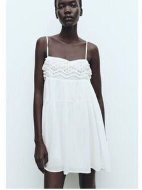 White Spaghetti Strap Beaded Trim Mini Dress